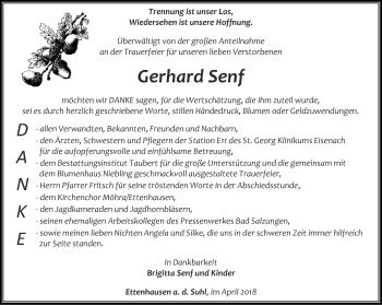 Traueranzeige von Gerhard Senf von Thüringer Allgemeine, Thüringische Landeszeitung