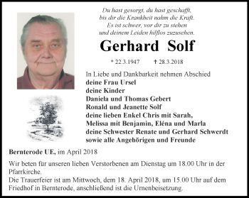 Traueranzeige von Gerhard Solf von Thüringer Allgemeine