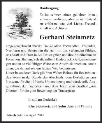 Traueranzeige von Gerhard Steinmetz von Thüringer Allgemeine, Thüringische Landeszeitung