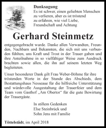 Traueranzeige von Gerhard Steinmetz von Thüringer Allgemeine, Thüringische Landeszeitung