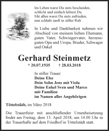 Traueranzeige von Gerhard Steinmetz von Thüringer Allgemeine, Thüringische Landeszeitung