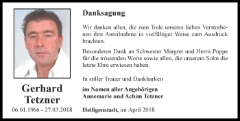 Traueranzeige von Gerhard Tetzner von Thüringer Allgemeine