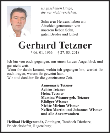 Traueranzeige von Gerhard Tetzner von Thüringer Allgemeine