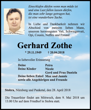 Traueranzeige von Gerhard Zothe von Thüringer Allgemeine, Thüringische Landeszeitung