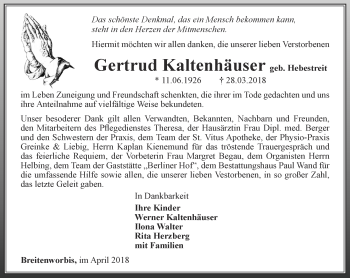 Traueranzeige von Gertrud Kaltenhäuser von Thüringer Allgemeine