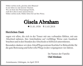 Traueranzeige von Gisela Abraham von Thüringer Allgemeine