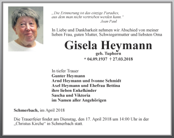 Traueranzeige von Gisela Heymann von Ostthüringer Zeitung, Thüringische Landeszeitung