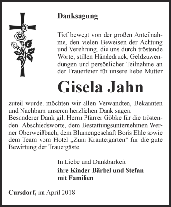 Traueranzeige von Gisela Jahn von Ostthüringer Zeitung