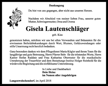 Traueranzeige von Gisela Lautenschläger von Ostthüringer Zeitung