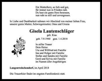 Traueranzeige von Gisela Lautenschläger von Ostthüringer Zeitung