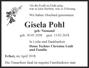 Traueranzeige von Gisela Pohl von Thüringer Allgemeine, Thüringische Landeszeitung