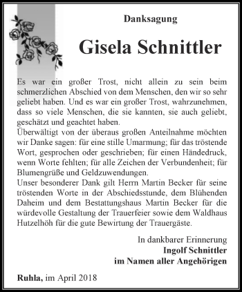 Traueranzeige von Gisela Schnittler von Thüringer Allgemeine, Thüringische Landeszeitung