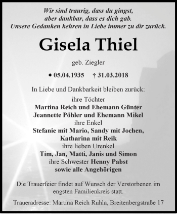 Traueranzeige von Gisela Thiel von Thüringer Allgemeine, Thüringische Landeszeitung