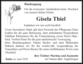 Traueranzeige von Gisela Thiel von Thüringer Allgemeine, Thüringische Landeszeitung