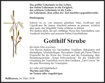 Traueranzeige von Gotthilf Strube von Thüringer Allgemeine, Thüringische Landeszeitung