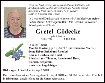 Traueranzeige von Gretel Gödecke von Thüringer Allgemeine