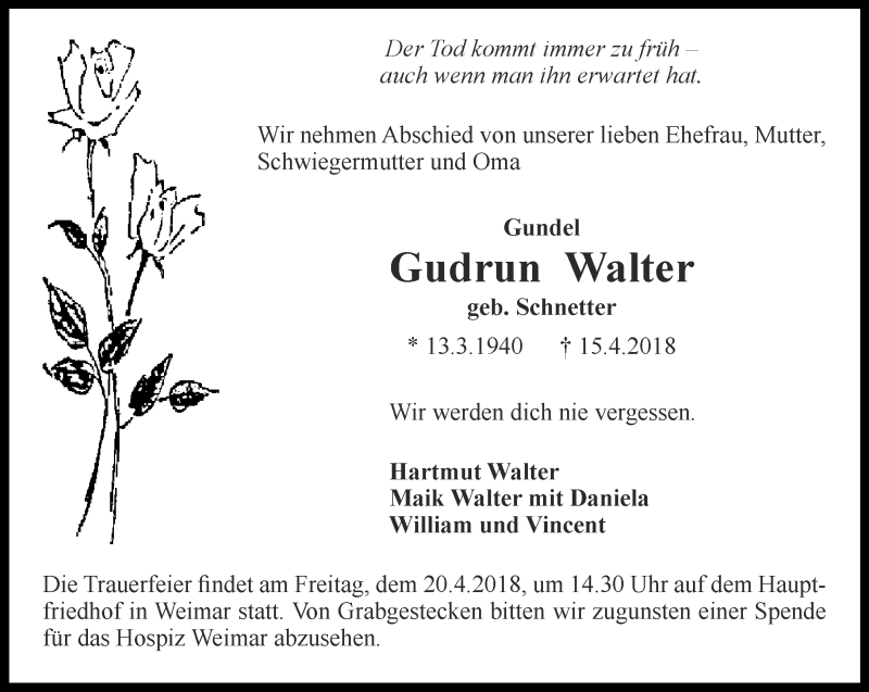  Traueranzeige für Gudrun Walter vom 18.04.2018 aus Thüringer Allgemeine, Thüringische Landeszeitung