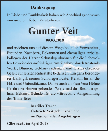 Traueranzeige von Gunter Veit von Thüringer Allgemeine