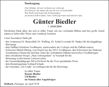 Traueranzeige von Günter Biedler von Thüringer Allgemeine