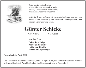 Traueranzeige von Günter Schieke von Thüringer Allgemeine, Thüringische Landeszeitung