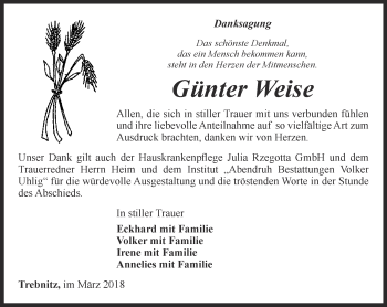 Traueranzeige von Günter Weise von Ostthüringer Zeitung