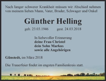Traueranzeige von Günther Helling von Thüringer Allgemeine