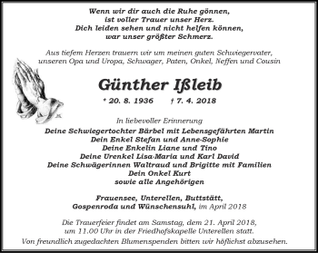 Traueranzeige von Günther Ißleib von Thüringer Allgemeine, Thüringische Landeszeitung