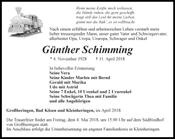 Traueranzeige von Günther Schimming von Thüringer Allgemeine, Thüringische Landeszeitung