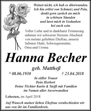 Traueranzeige von Hanna Becher von Ostthüringer Zeitung