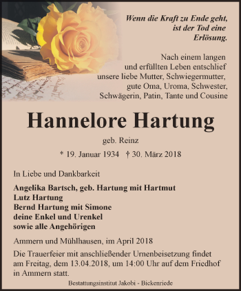 Traueranzeige von Hannelore Hartung von Thüringer Allgemeine, Thüringische Landeszeitung