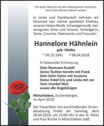 Traueranzeige von Hannelore Hähnlein von Ostthüringer Zeitung, Thüringische Landeszeitung