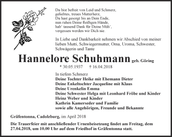 Traueranzeige von Hannelore Schuhmann von Thüringer Allgemeine, Thüringische Landeszeitung