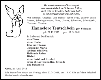Traueranzeige von Hannelore Teutschbein