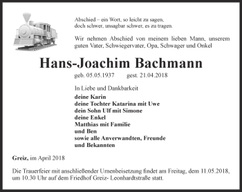 Traueranzeige von Hans-Joachim Bachmann