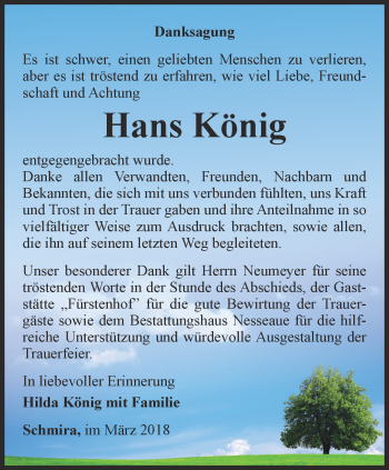 Traueranzeige von Hans König von Thüringer Allgemeine, Thüringische Landeszeitung