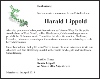 Traueranzeige von Harald Lippold von Ostthüringer Zeitung