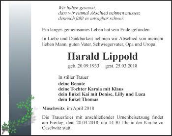 Traueranzeige von Harald Lippold von Ostthüringer Zeitung