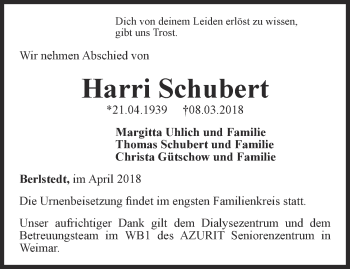 Traueranzeige von Harri Schubert von Thüringer Allgemeine, Thüringische Landeszeitung