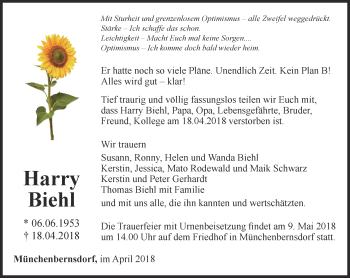 Traueranzeige von Harry Biehl von Ostthüringer Zeitung