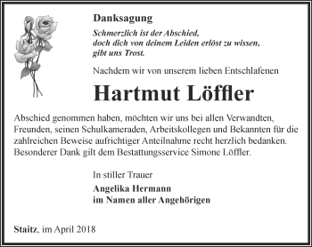 Traueranzeige von Hartmut Löffler von Ostthüringer Zeitung