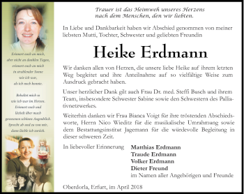 Traueranzeige von Heike Erdmann von Thüringer Allgemeine, Thüringische Landeszeitung