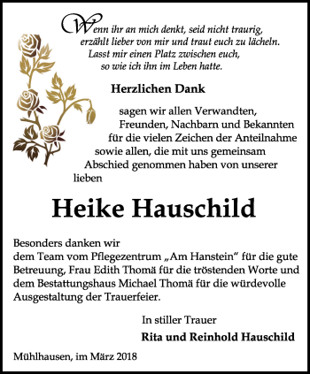 Traueranzeige von Heike Hauschild von Thüringer Allgemeine, Thüringische Landeszeitung