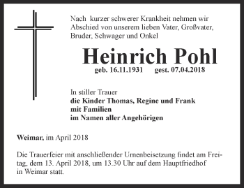 Traueranzeige von Heinrich Pohl von Thüringer Allgemeine, Thüringische Landeszeitung