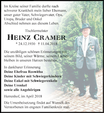 Traueranzeige von Heinz Cramer von Ostthüringer Zeitung, Thüringische Landeszeitung