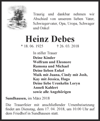 Traueranzeige von Heinz Debes von Ostthüringer Zeitung, Thüringische Landeszeitung