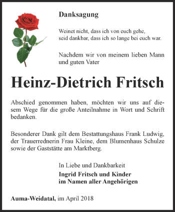 Traueranzeige von Heinz-Dietrich Fritsch von Ostthüringer Zeitung