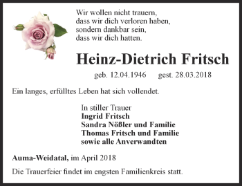 Traueranzeige von Heinz-Dietrich Fritsch von Ostthüringer Zeitung