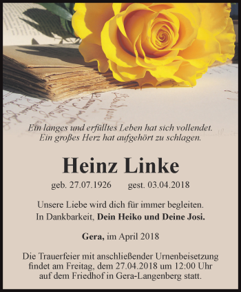 Traueranzeige von Heinz Linke von Ostthüringer Zeitung