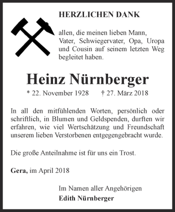 Traueranzeige von Heinz Nürnberger von Ostthüringer Zeitung