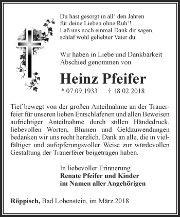 Traueranzeige von Heinz Pfeifer von Ostthüringer Zeitung